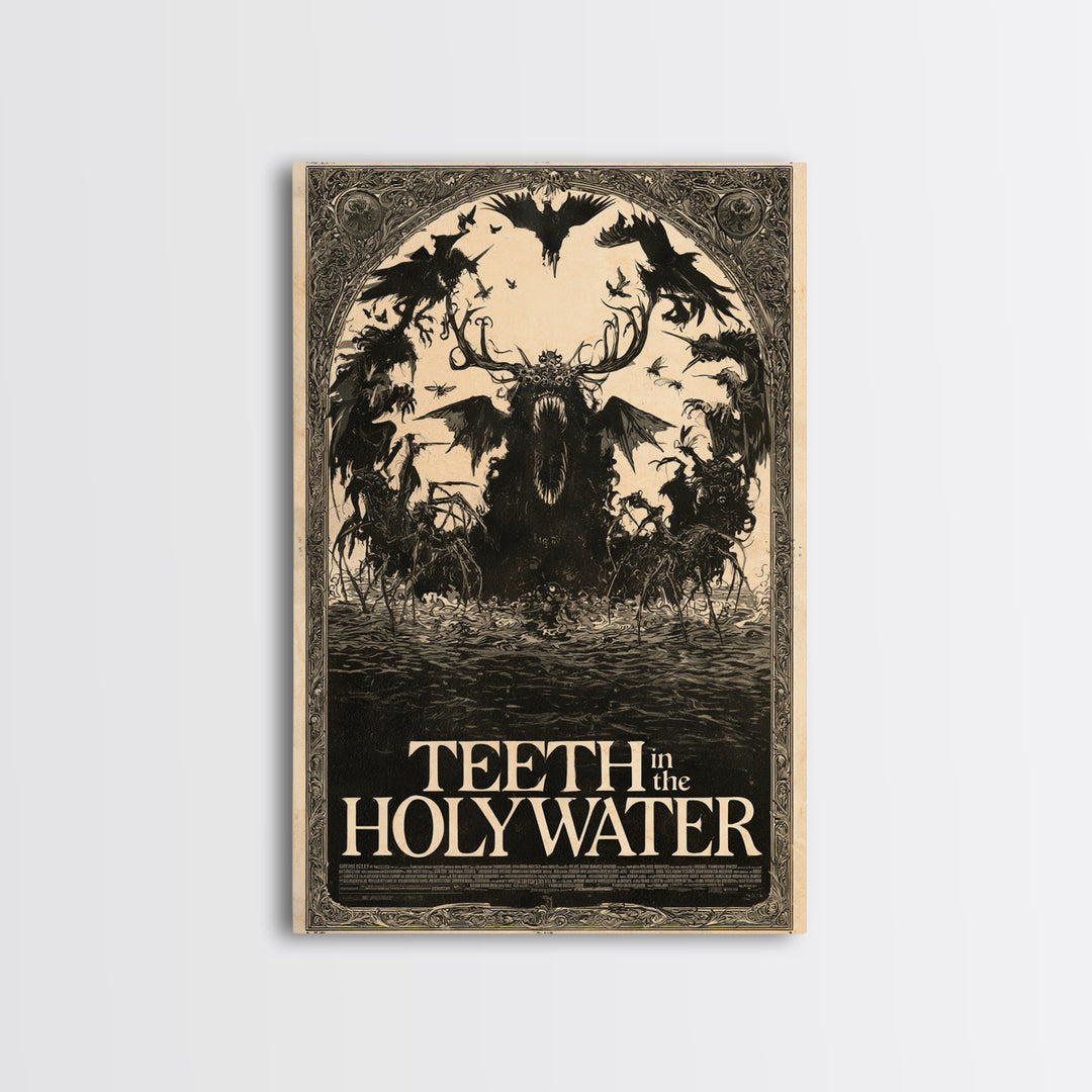 Teeth In The Holy Water, English Language Horror Movie Poster, Decadent Line Art, Classic Monster Poster, Framed Canvas Print