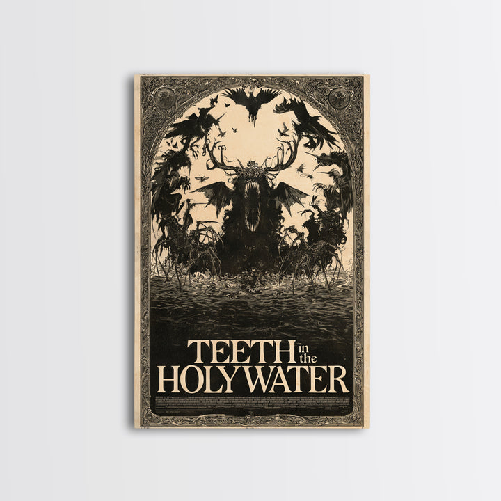 Teeth In The Holy Water, English Language Horror Movie Poster, Decadent Line Art, Classic Monster Poster, Framed Canvas Print