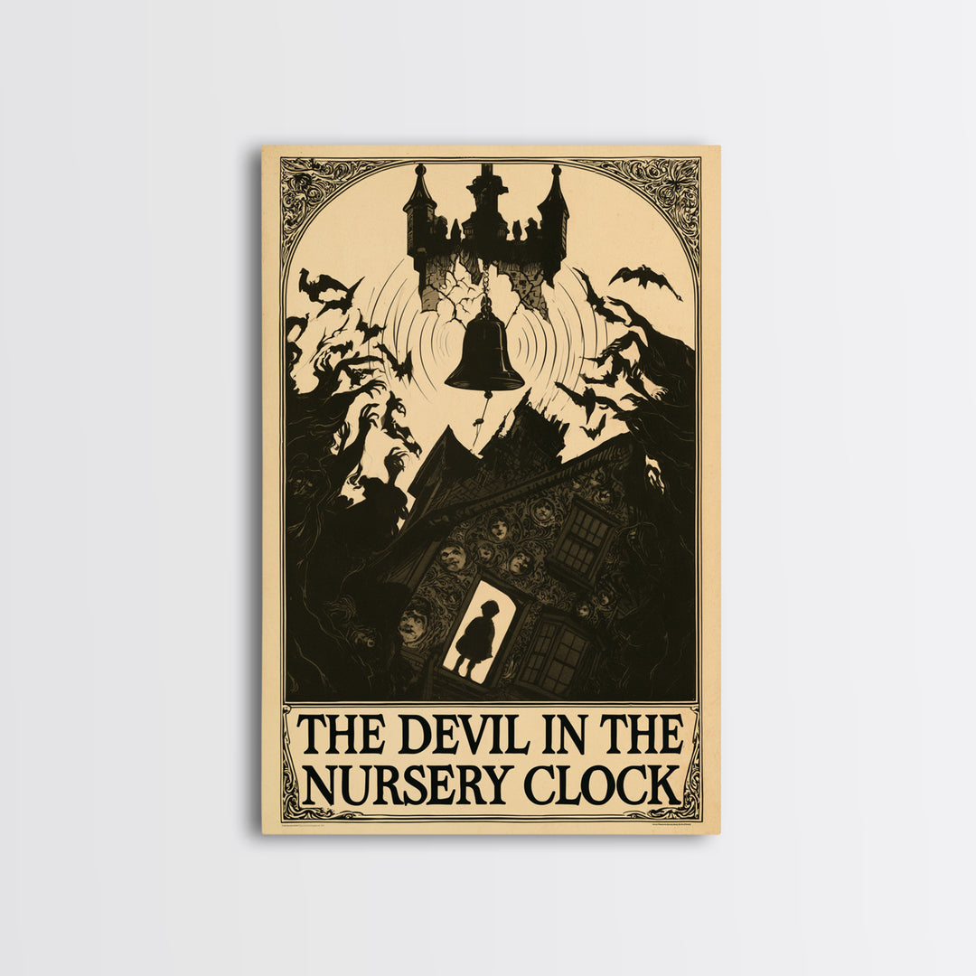 The Devil In The Nursery Clock, English Language Horror Movie Poster, Decadent Line Art, Cult Horror Poster, Framed Canvas Print