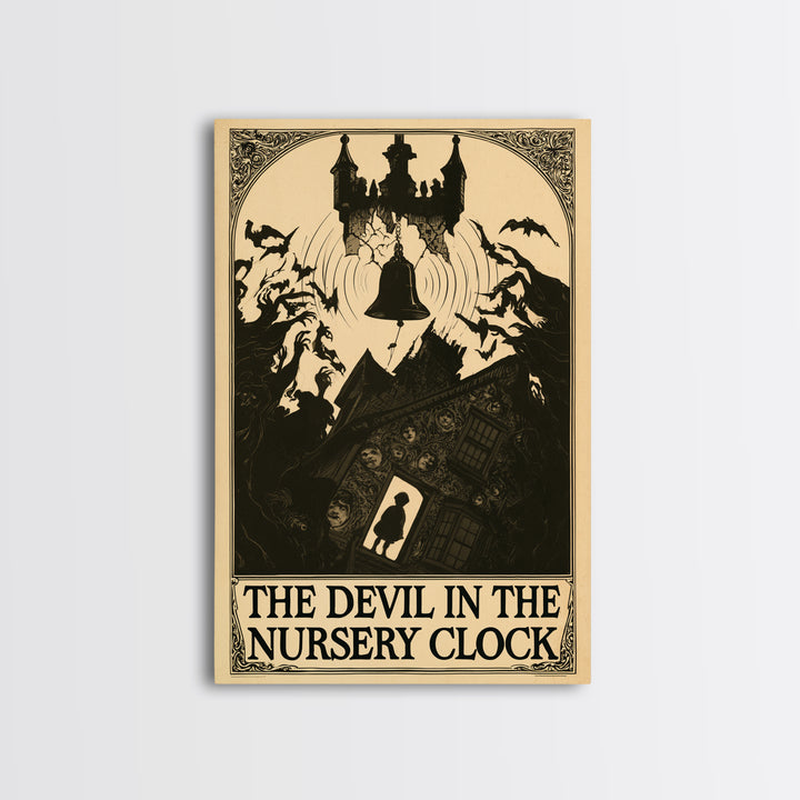 The Devil In The Nursery Clock, English Language Horror Movie Poster, Decadent Line Art, Cult Horror Poster, Framed Canvas Print