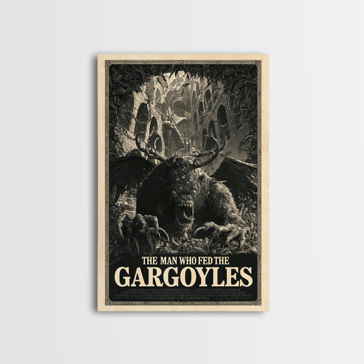The Man Who Fed The Gargoyles, English Language Horror Movie Poster, Architectural Etching Art, Cult Horror Poster
