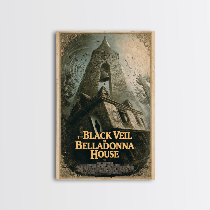 The Black Veil Of Belladonna House, English Language Horror Movie Poster, 1980s Vhs Nightmare Cover Inspired Art, Cult Horror Poster
