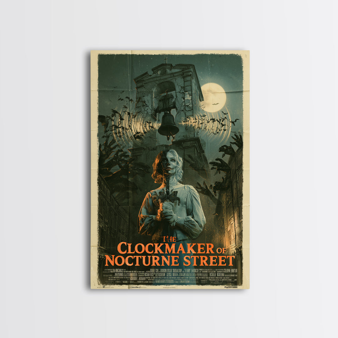 The Clockmaker Of Nocturne Street, English Language Horror Movie Poster, Giallo Horror Art, Retro Horror Movie Art, Framed Canvas Print
