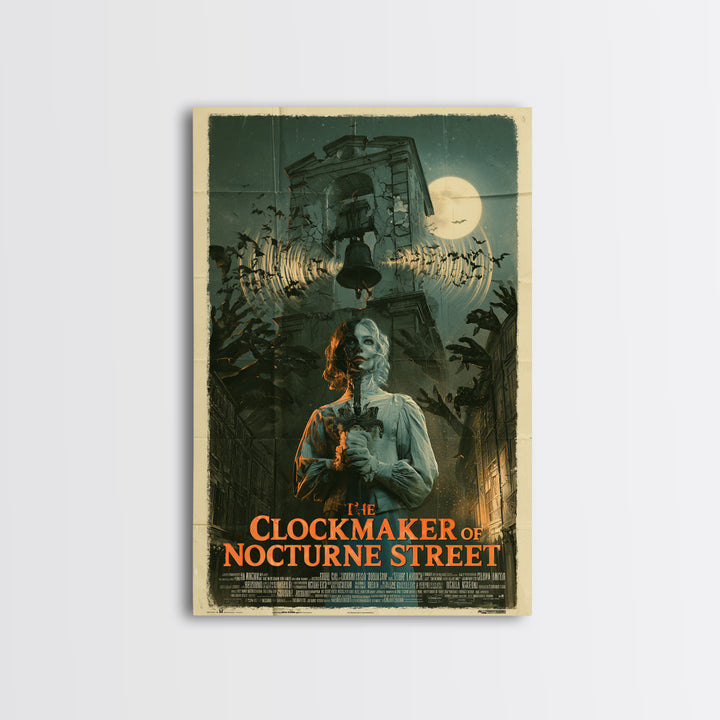 The Clockmaker Of Nocturne Street, English Language Horror Movie Poster, Giallo Horror Art, Retro Horror Movie Art, Framed Canvas Print