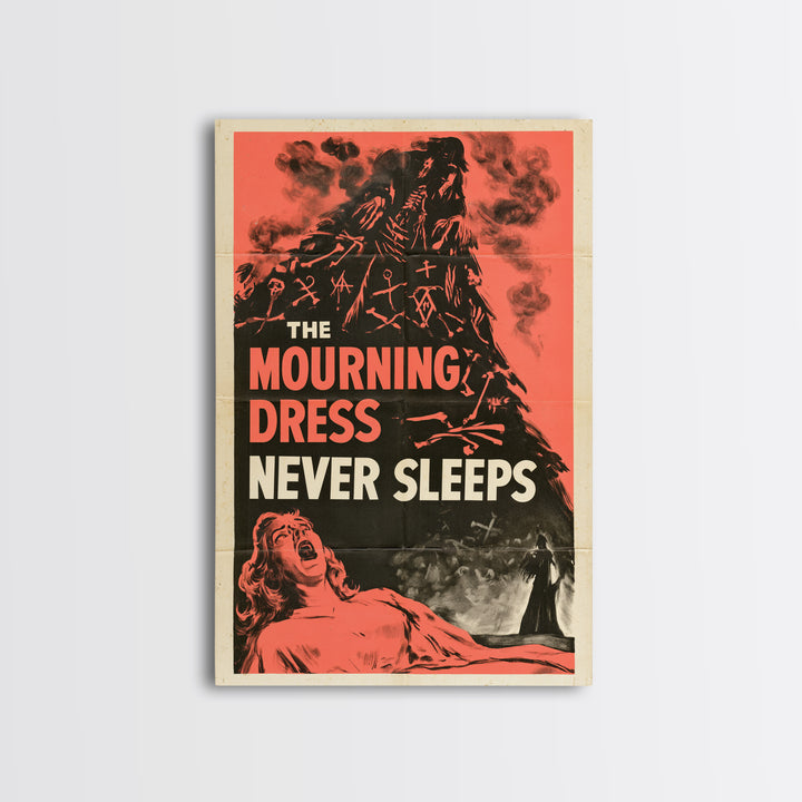 The Mourning Dress Never Sleeps, English Language Horror Movie Poster, 1950s Creature-Feature One-Sheet Inspired Art, Gothic Cinema Wall Art