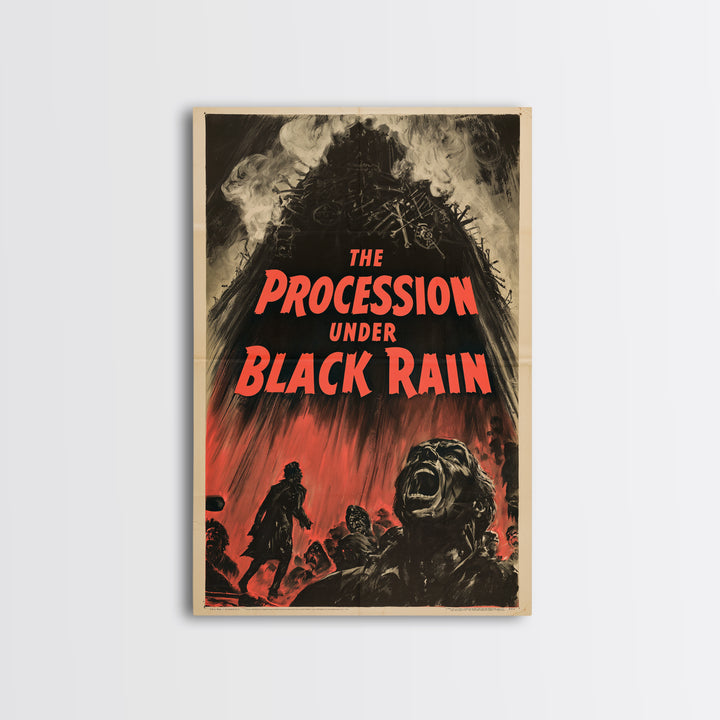 The Procession Under Black Rain, English Language Horror Movie Poster, 1950s Creature-Feature One-Sheet Inspired Art, Cult Horror Poster