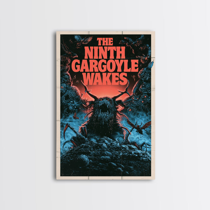 The Ninth Gargoyle Wakes, English Language Horror Movie Poster, 1980s Vhs Nightmare Cover Inspired Art, Classic Monster Poster