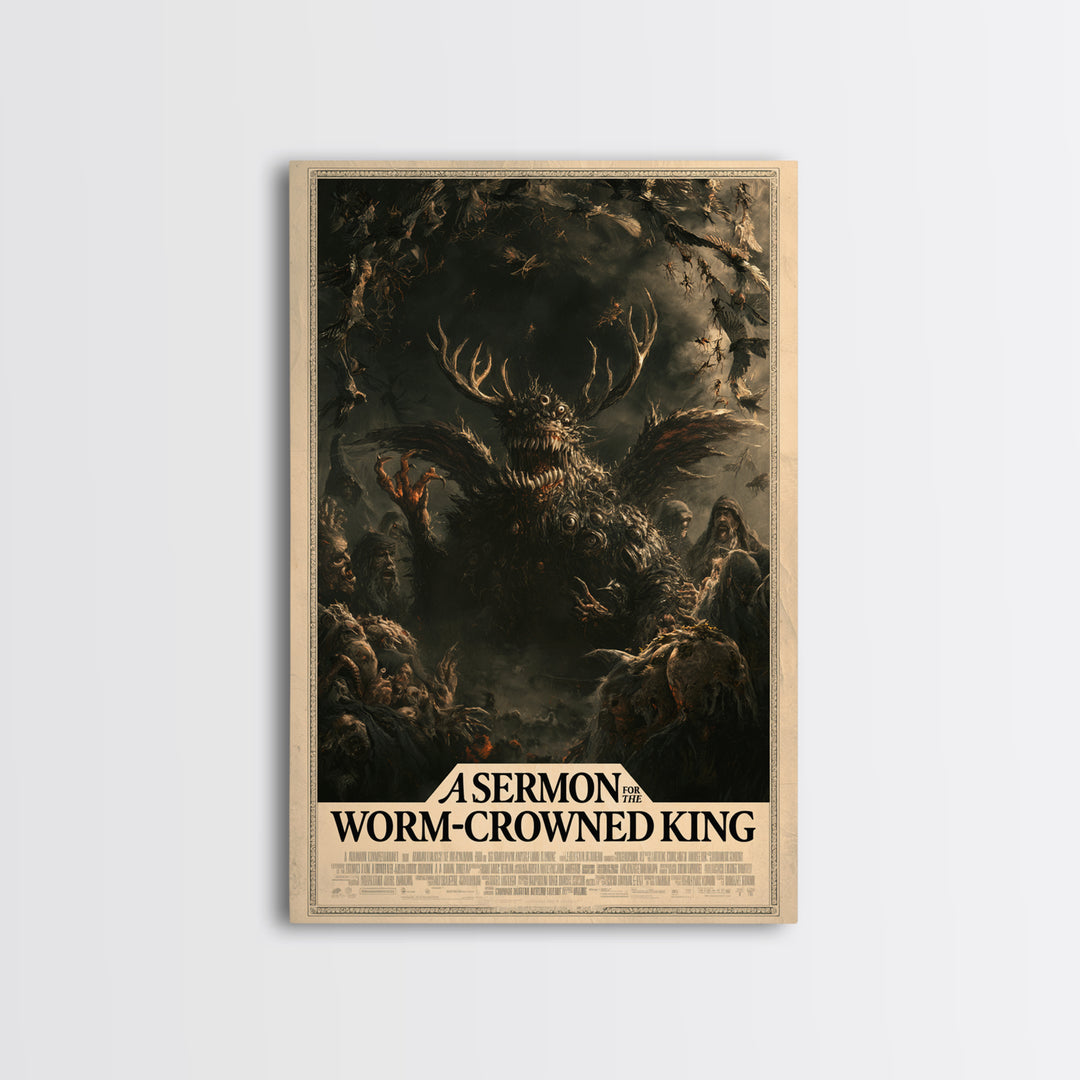 A Sermon For The Worm-Crowned King, English Language Horror Movie Poster, Dark Romantic Horror Art, Retro Horror Movie Art