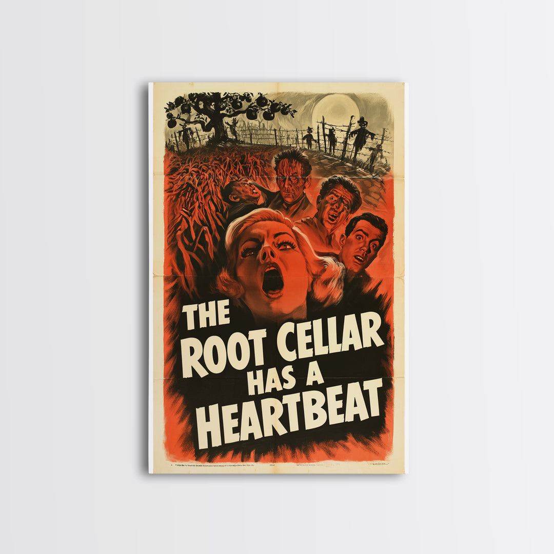 The Root Cellar Has A Heartbeat, English Language Horror Movie Poster, 1950s Creature-Feature One-Sheet Inspired Art, Gothic Cinema Wall Art