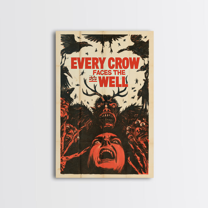 Every Crow Faces The Well, English Language Horror Movie Poster, 1950s Creature-Feature One-Sheet Inspired Art, Classic Monster Poster