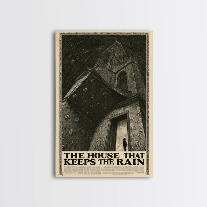 The House That Keeps The Rain, English Language Horror Movie Poster, Gothic Engraving Art, Retro Horror Movie Art, Framed Canvas Print