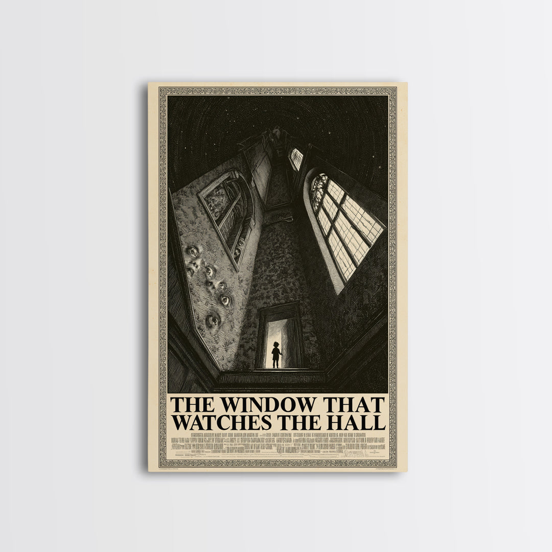The Window That Watches The Hall, English Language Horror Movie Poster, Gothic Engraving Art, Cult Horror Poster, Framed Canvas Print
