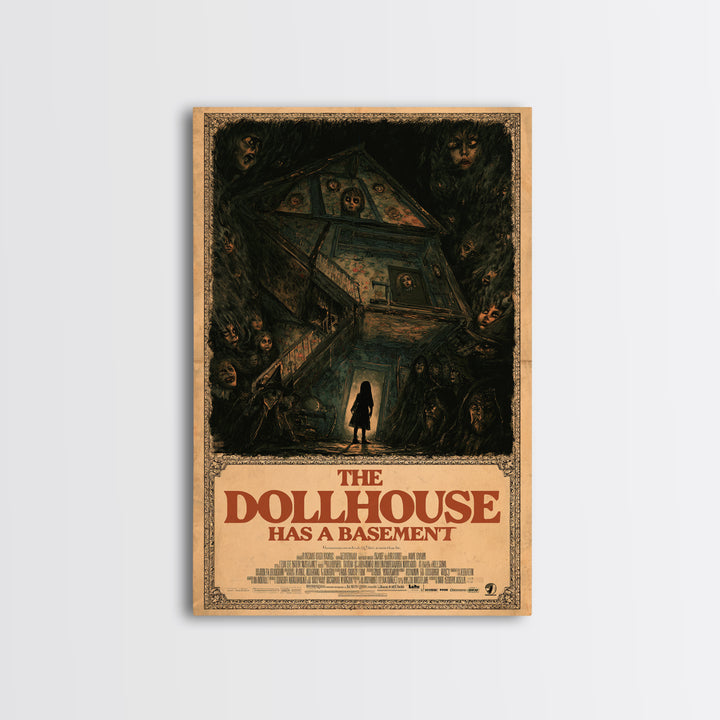 The Dollhouse Has A Basement, English Language Horror Movie Poster, Dark Romantic Horror Art, Retro Horror Movie Art, Framed Canvas Print