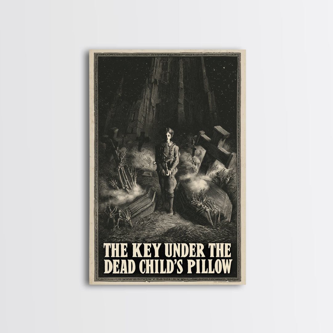 The Key Under The Dead Child'S Pillow, English Language Horror Movie Poster, Gothic Engraving Art, Retro Horror Movie Art, Canvas Print