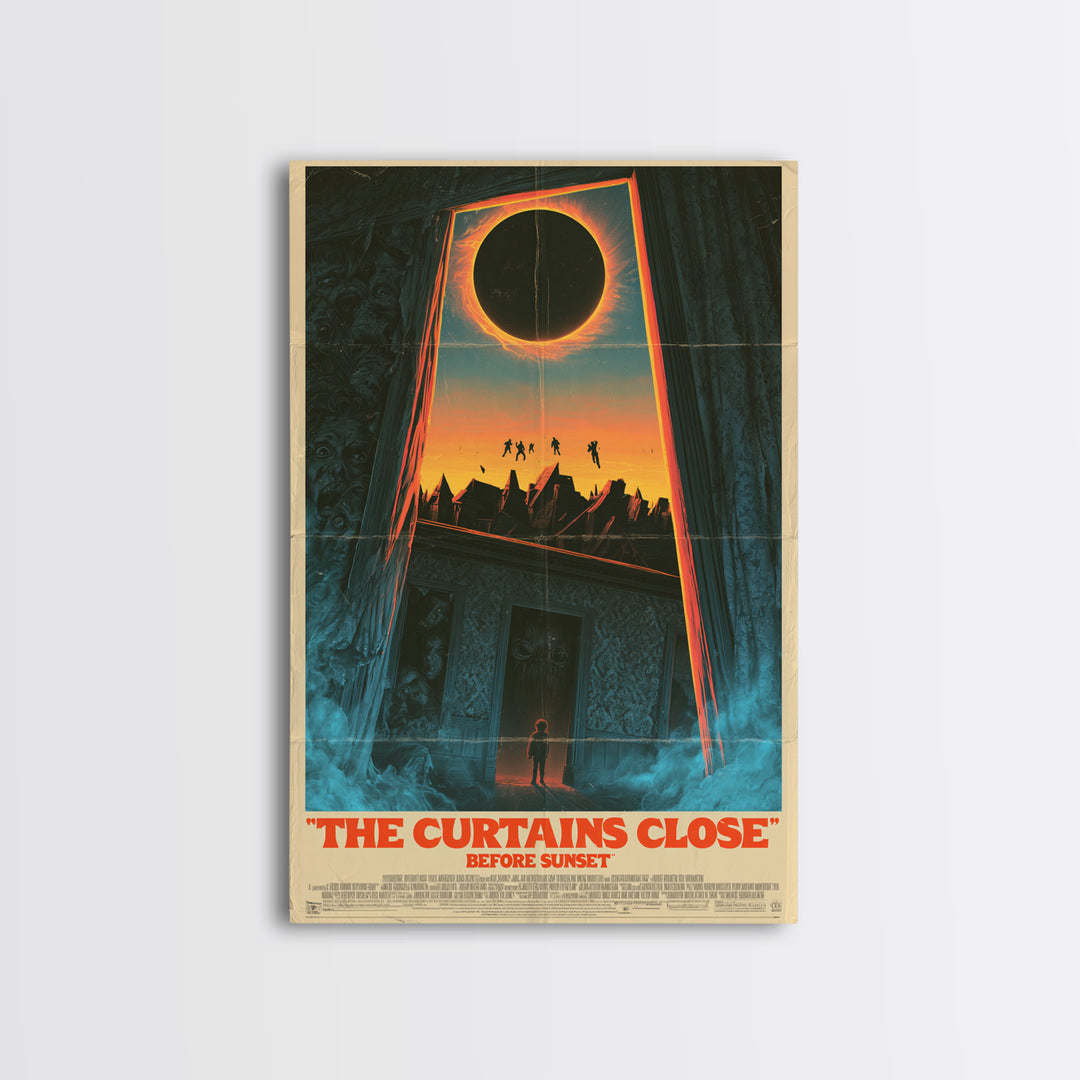 The Curtains Close Before Sunset, English Language Horror Movie Poster, 1980s Vhs Nightmare Cover Inspired Art, Cult Horror Poster