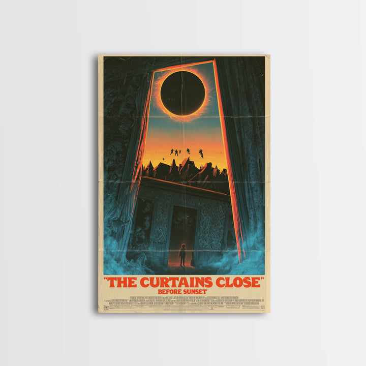 The Curtains Close Before Sunset, English Language Horror Movie Poster, 1980s Vhs Nightmare Cover Inspired Art, Cult Horror Poster