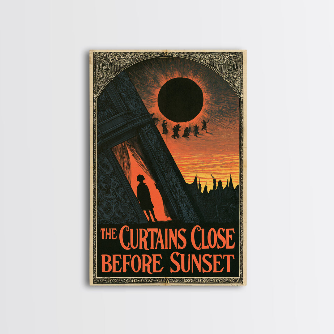 The Curtains Close Before Sunset, English Language Horror Movie Poster, Decadent Line Art, Retro Horror Movie Art, Canvas Print