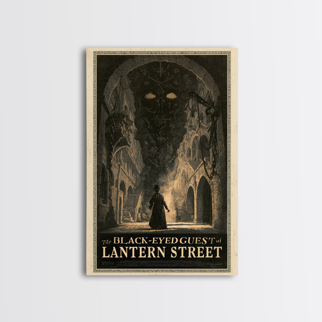 The Black-Eyed Guest Of Lantern Street, English Language Horror Movie Poster, Architectural Etching Art, Framed Canvas Print