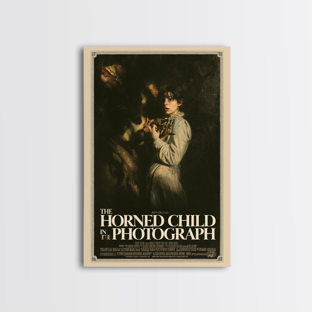 The Horned Child In The Photograph, English Language Horror Movie Poster, Gothic Nightmare Art, Gothic Cinema Wall Art, Canvas Print