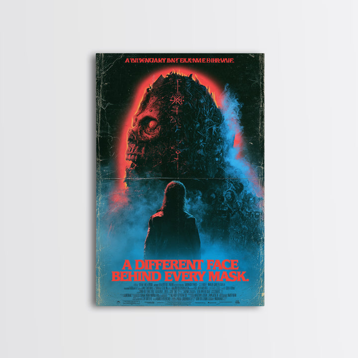 A Different Face Behind Every Mask, English Language Horror Movie Poster, 1980s Vhs Nightmare Cover Inspired Art, Classic Monster Poster