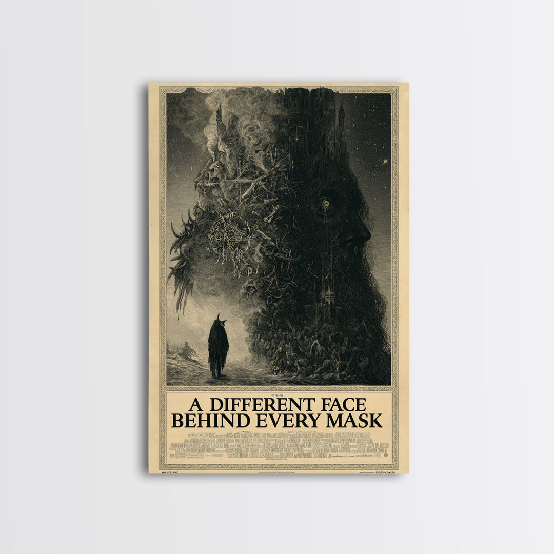 A Different Face Behind Every Mask, English Language Horror Movie Poster, Gothic Engraving Art, Gothic Cinema Wall Art