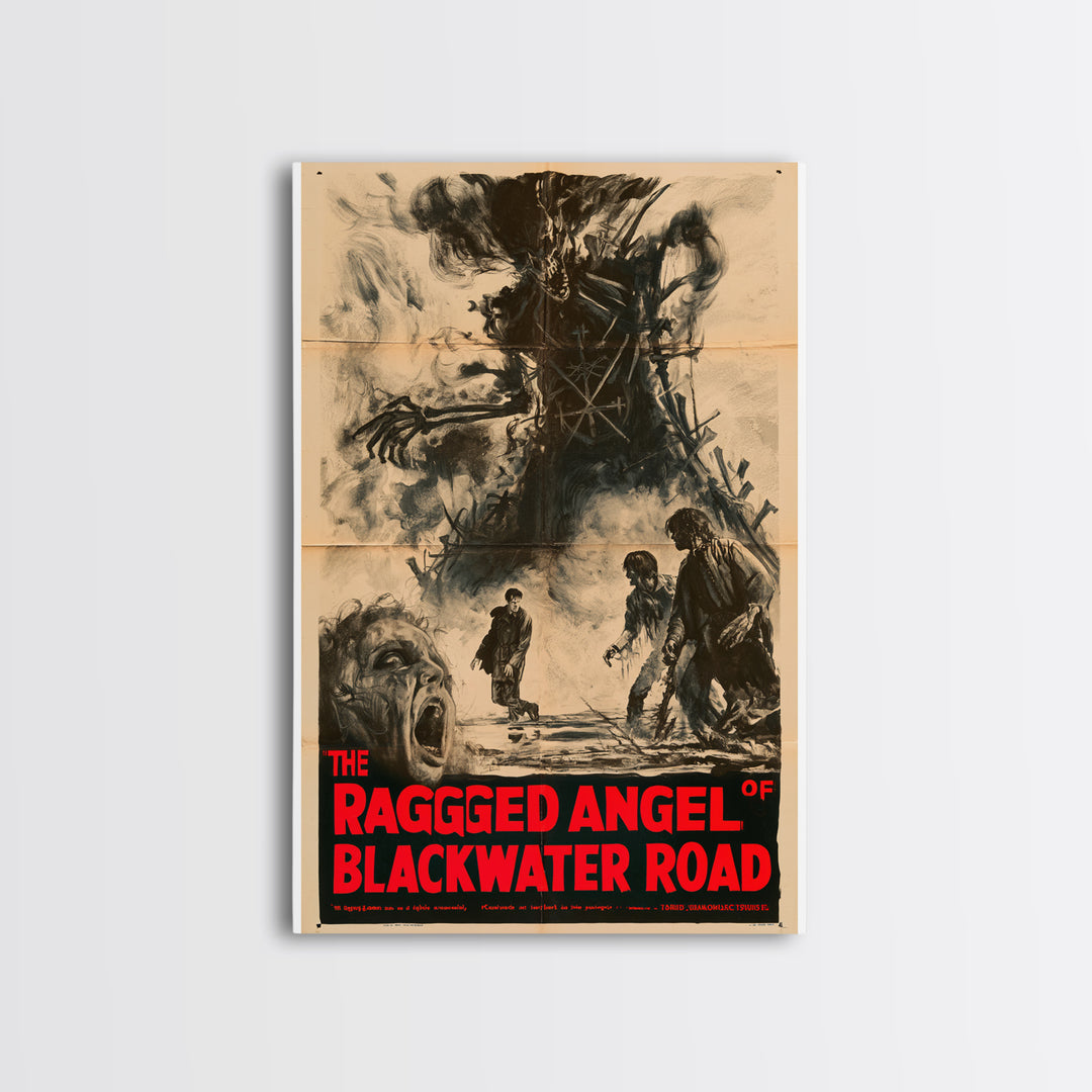 The Ragged Angel Of Blackwater Road, English Language Horror Movie Poster, 1950s Creature-Feature One-Sheet Inspired Art, Cult Horror Poster