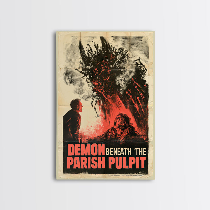 The Demon Beneath The Parish Pulpit, English Language Horror Movie Poster, 1950s Creature-Feature One-Sheet Inspired Art, Canvas Print