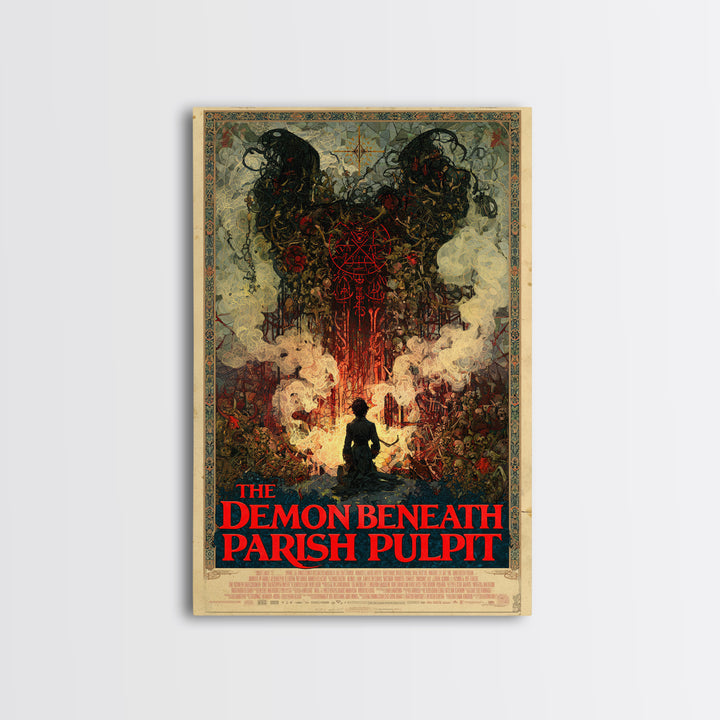 The Demon Beneath The Parish Pulpit, English Language Horror Movie Poster, Stained Glass Gothic Art, Gothic Cinema Wall Art, Canvas Print