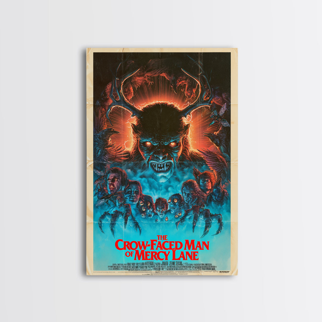 The Crow-Faced Man Of Mercy Lane, English Language Horror Movie Poster, 1980s Vhs Nightmare Cover Inspired Art, Classic Monster Poster