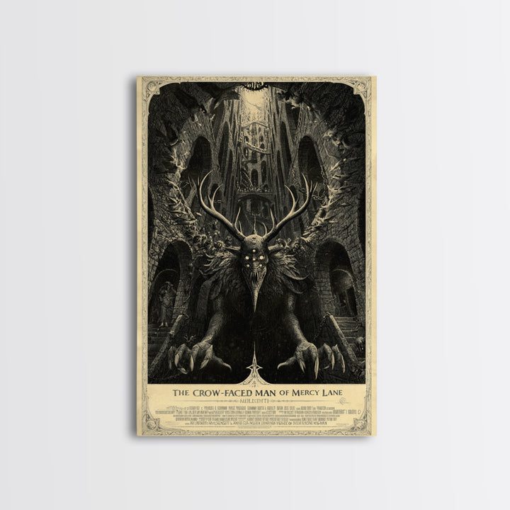The Crow-Faced Man Of Mercy Lane, English Language Horror Movie Poster, Architectural Etching Art, Classic Monster Poster