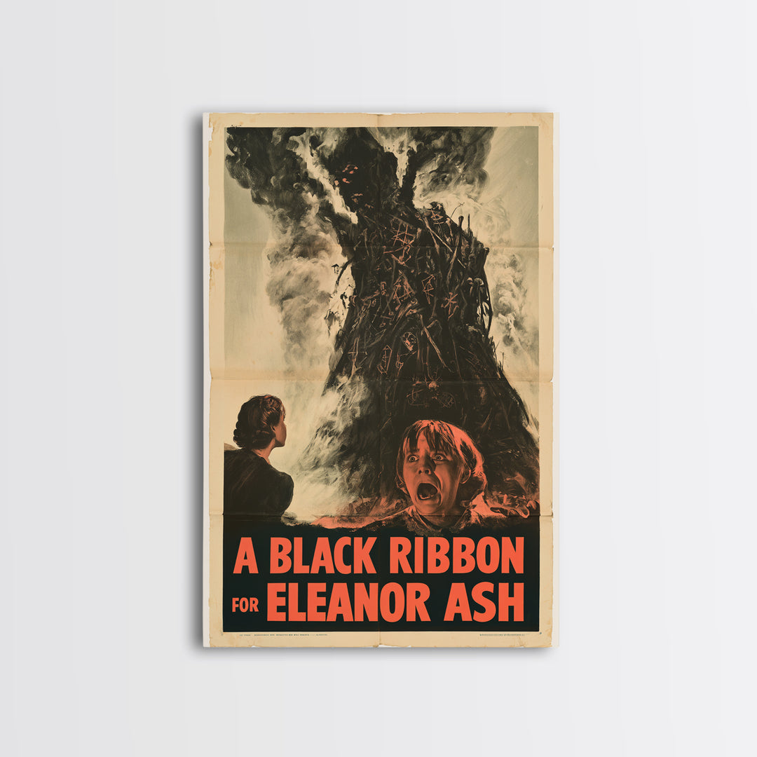 A Black Ribbon For Eleanor Ash, English Language Horror Movie Poster, 1950s Creature-Feature One-Sheet Inspired Art, Retro Horror Movie Art