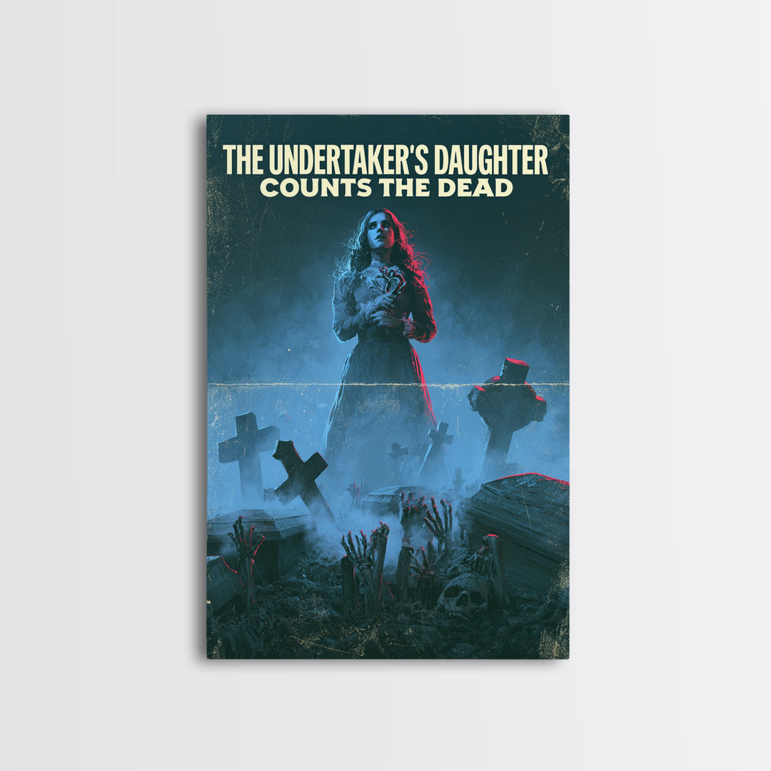 The Undertaker'S Daughter Counts The Dead, English Language Horror Movie Poster, 1980s Vhs Nightmare Cover Inspired Art, Framed Canvas Print
