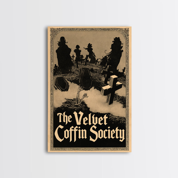 The Velvet Coffin Society, English Language Horror Movie Poster, Decadent Line Art, Gothic Cinema Wall Art, Framed Canvas Print