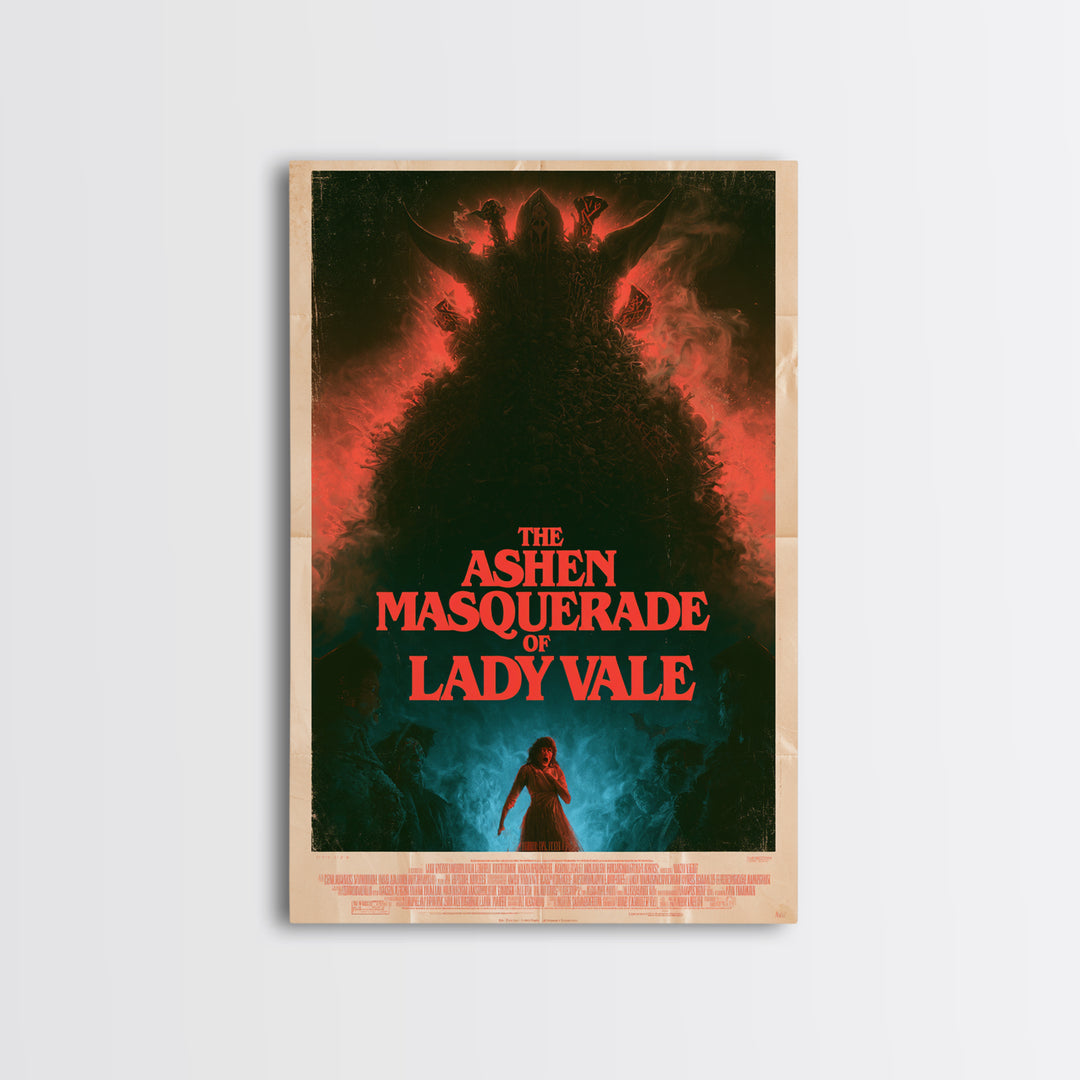 The Ashen Masquerade Of Lady Vale, English Language Horror Movie Poster, 1980s Vhs Nightmare Cover Inspired Art, Retro Horror Movie Art
