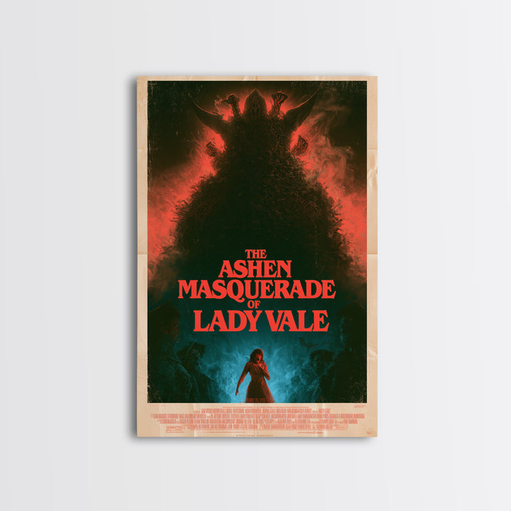 The Ashen Masquerade Of Lady Vale, English Language Horror Movie Poster, 1980s Vhs Nightmare Cover Inspired Art, Retro Horror Movie Art