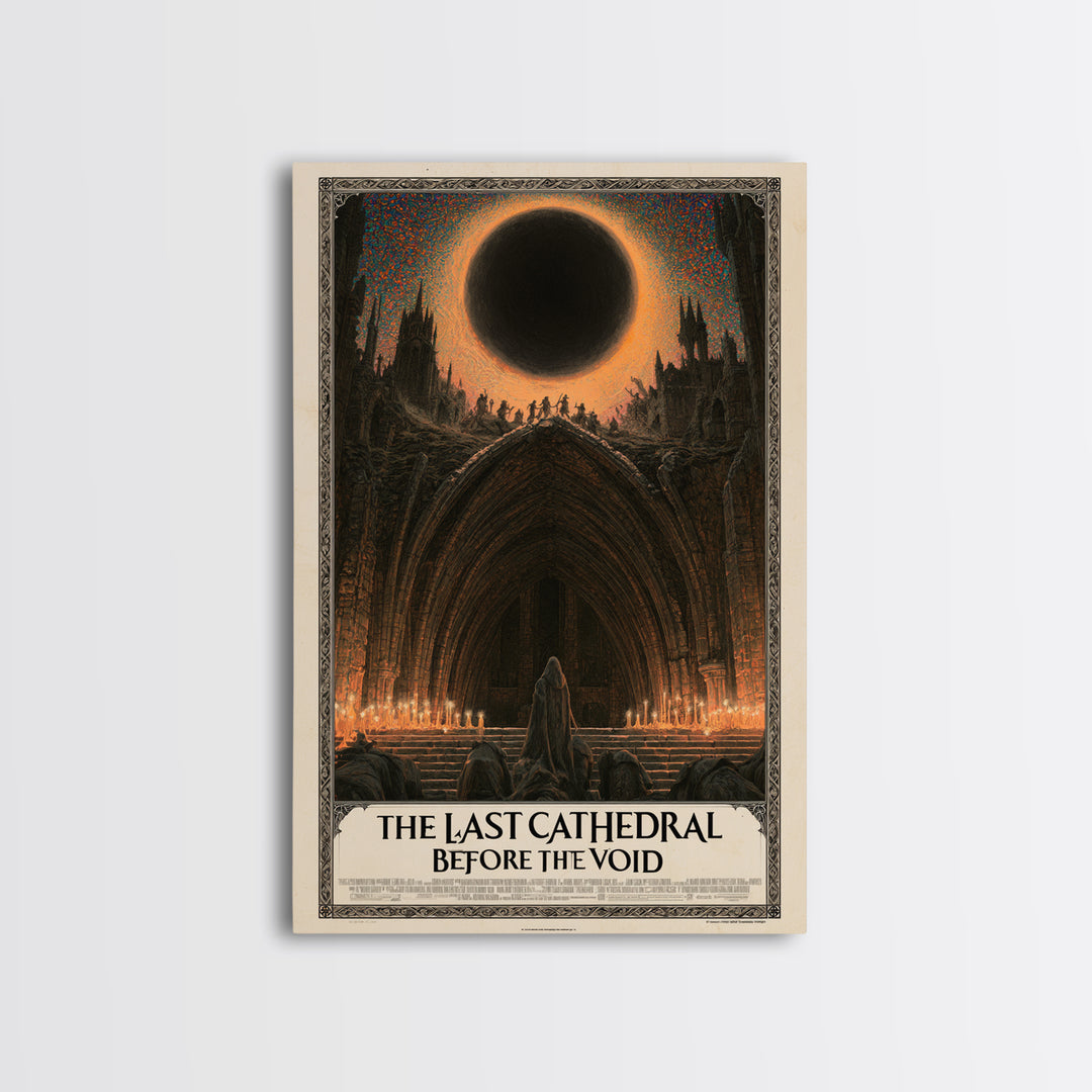 The Last Cathedral Before The Void, English Language Horror Movie Poster, Stained Glass Gothic Art, Retro Horror Movie Art