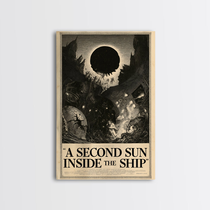 A Second Sun Inside The Ship, English Language Horror Movie Poster, Gothic Engraving Art, Classic Monster Poster, Framed Canvas Print