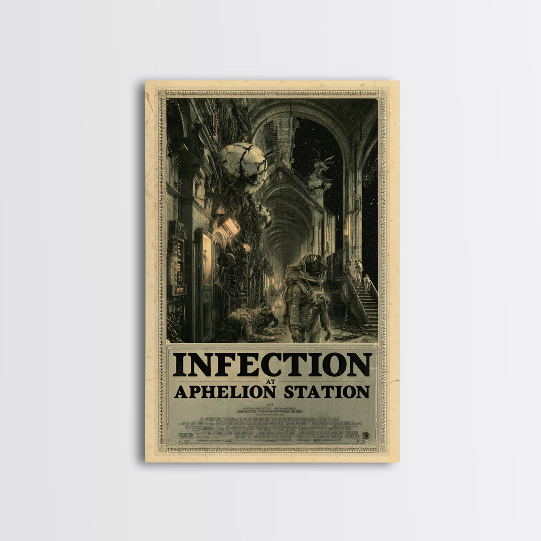 Infection At Aphelion Station, English Language Horror Movie Poster, Architectural Etching Art, Retro Horror Movie Art