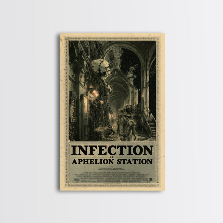 Infection At Aphelion Station, English Language Horror Movie Poster, Architectural Etching Art, Retro Horror Movie Art