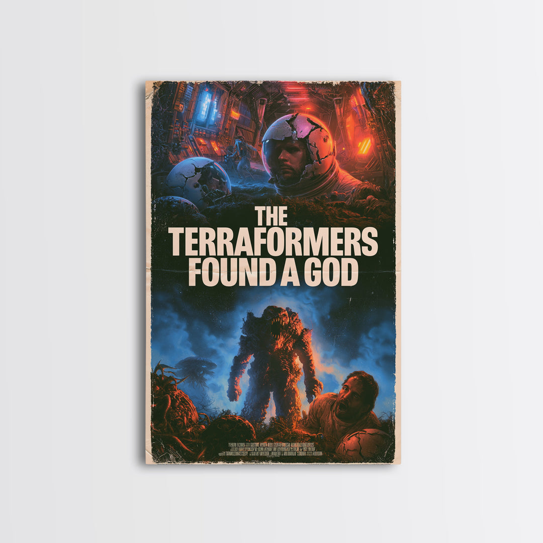 The Terraformers Found A God, English Language Horror Movie Poster, 1980s Vhs Nightmare Cover Inspired Art, Retro Horror Movie Art