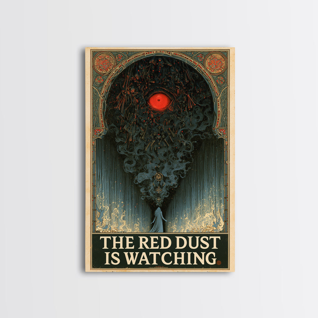 The Red Dust Is Watching, English Language Horror Movie Poster, Stained Glass Gothic Art, Retro Horror Movie Art, Framed Canvas Print
