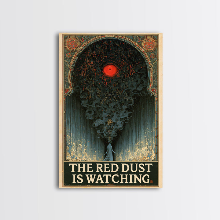 The Red Dust Is Watching, English Language Horror Movie Poster, Stained Glass Gothic Art, Retro Horror Movie Art, Framed Canvas Print