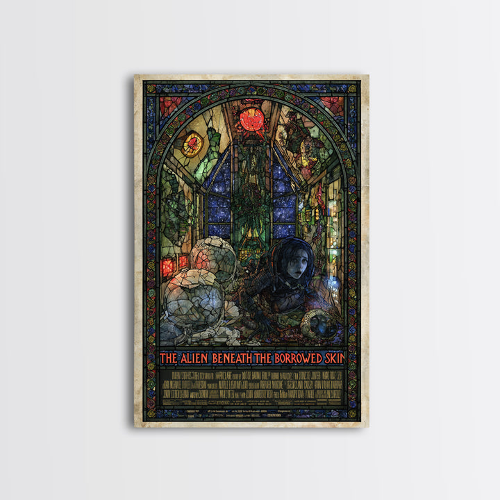 The Alien Beneath The Borrowed Skin, English Language Horror Movie Poster, Stained Glass Gothic Art, Gothic Cinema Wall Art