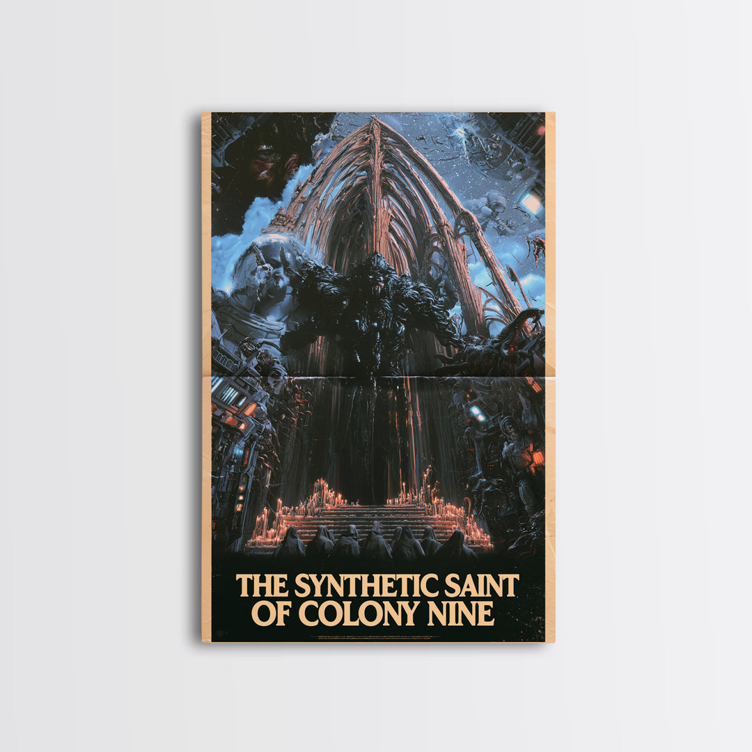 The Synthetic Saint Of Colony Nine, English Language Horror Movie Poster, 1980s Vhs Nightmare Cover Inspired Art, Classic Monster Poster