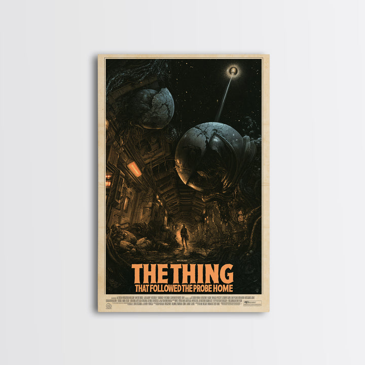 The Thing That Followed The Probe Home, English Language Horror Movie Poster, Gothic Engraving Art, Classic Monster Poster