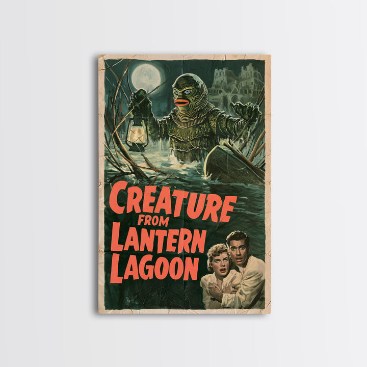 Creature From Lantern Lagoon, English Language Horror Movie Poster, 1950s Creature-Feature One-Sheet Inspired Art, Gothic Cinema Wall Art