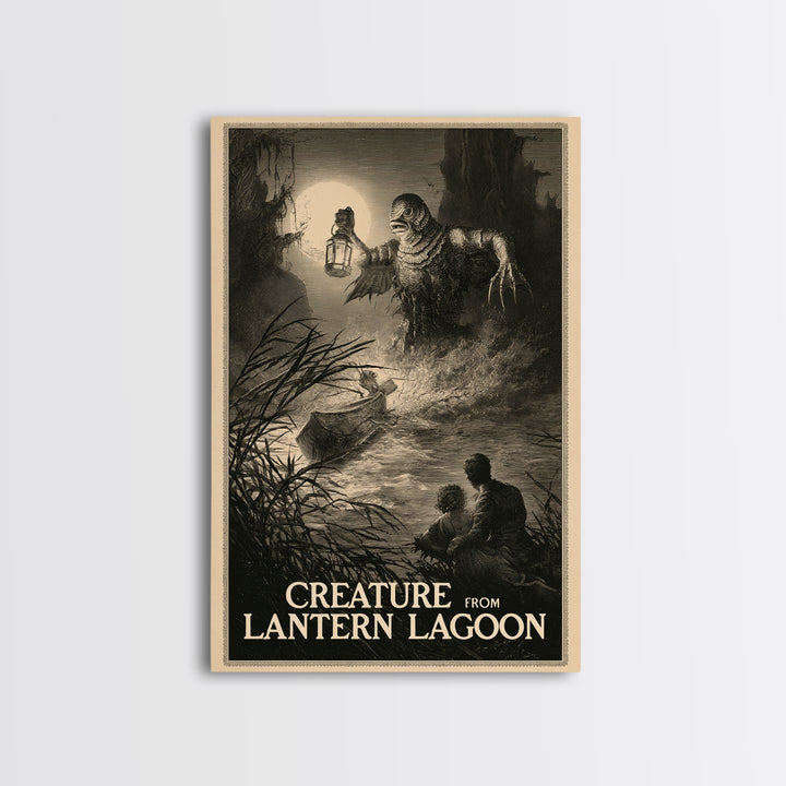 Creature From Lantern Lagoon, English Language Horror Movie Poster, Gothic Engraving Art, Gothic Cinema Wall Art, Framed Canvas Print