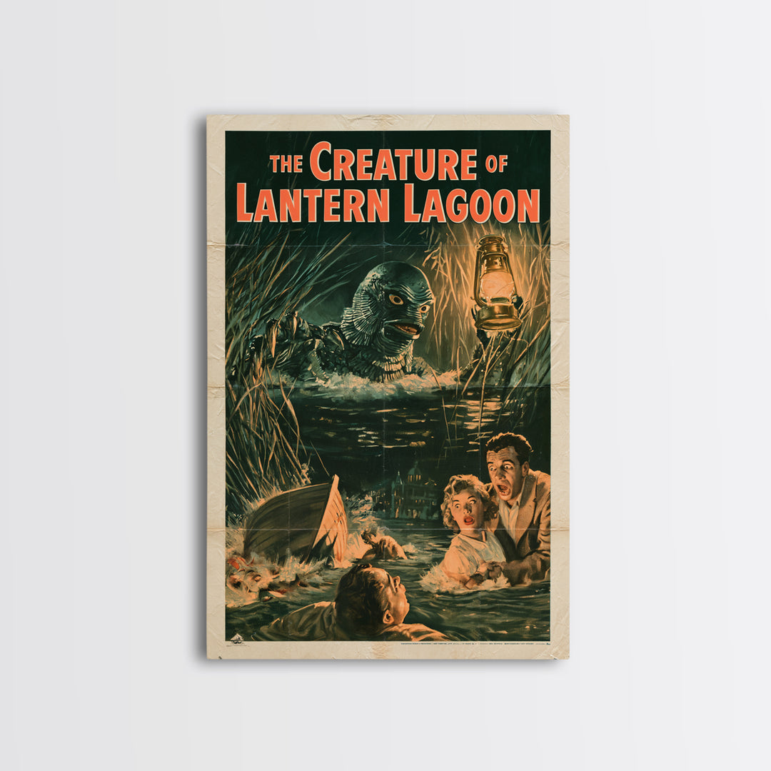 The Creature Of Lantern Lagoon, English Language Horror Movie Poster, 1950s Creature-Feature One-Sheet Inspired Art, Cult Horror Poster