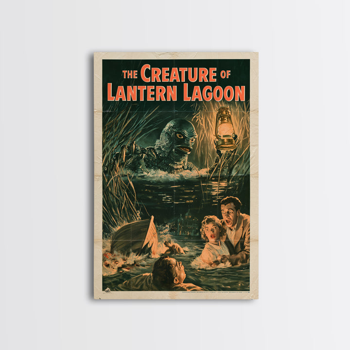 The Creature Of Lantern Lagoon, English Language Horror Movie Poster, 1950s Creature-Feature One-Sheet Inspired Art, Cult Horror Poster