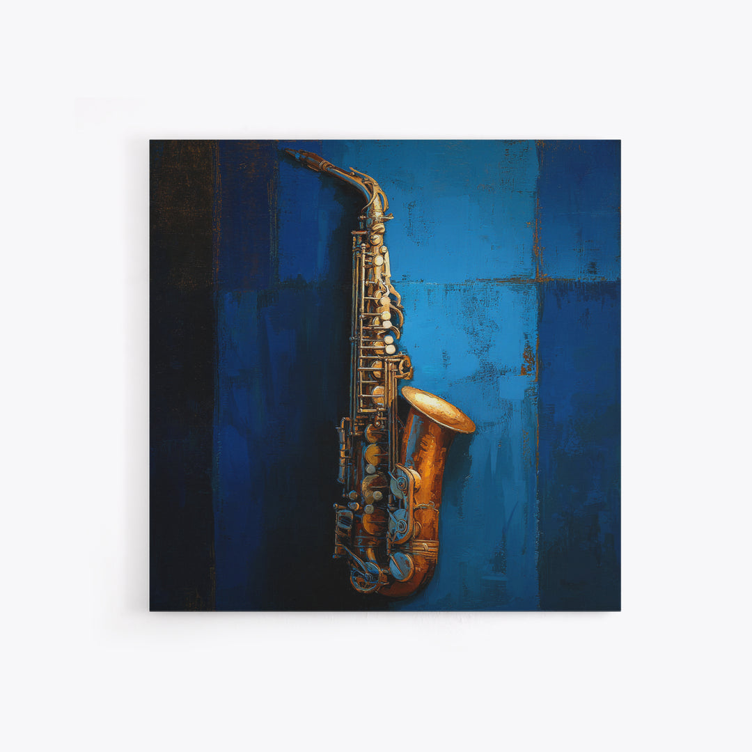 Jazz Saxophone with Smoky Blue Background Framed Canvas Print, Music Studio Art, Watercolor Print, Studio Decor, Rhythm, MSA-1x1-2